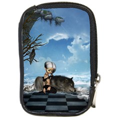 Cute Little Fairy With Wolf On The Beach Compact Camera Leather Case by FantasyWorld7