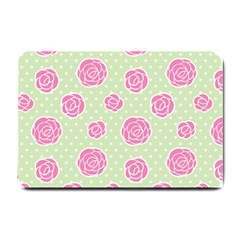 Roses Flowers Pink And Pastel Lime Green Pattern With Retro Dots Small Doormat  by genx