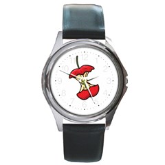 Red Apple Core Funny Retro Pattern Half On White Background Round Metal Watch by genx