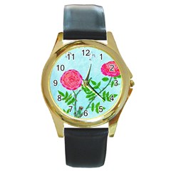 Roses And Seagulls Round Gold Metal Watch by okhismakingart