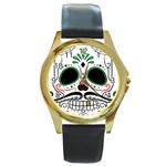 Day Of The Dead Skull Sugar Skull Round Gold Metal Watch