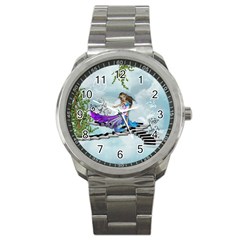 Cute Fairy Dancing On A Piano Sport Metal Watch by FantasyWorld7