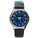 Blue Geometric Flower Dark Mirror Round Metal Watch Front