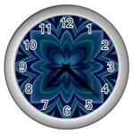 Blue Geometric Flower Dark Mirror Wall Clock (Silver)