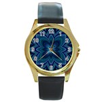 Blue Geometric Flower Dark Mirror Round Gold Metal Watch