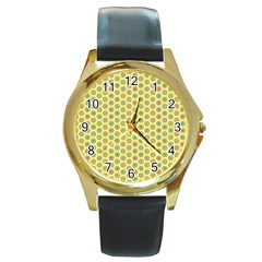 Hexagonal Pattern Unidirectional Yellow Round Gold Metal Watch by HermanTelo