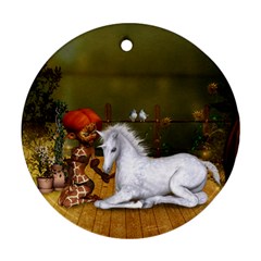 Cute Fairy With Unicorn Foal Round Ornament (two Sides) by FantasyWorld7