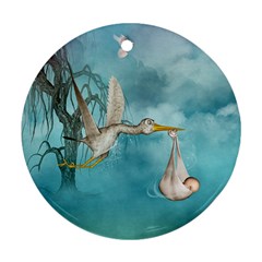 Cute Baby Is Coming With Stork Round Ornament (two Sides) by FantasyWorld7