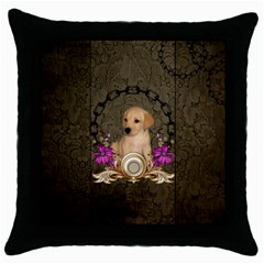 Cute Little Puppy With Flowers Throw Pillow Case (black) by FantasyWorld7