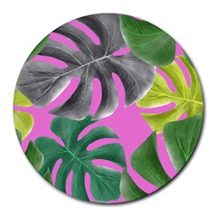 Tropical Greens Pink Leaf Round Mousepads by HermanTelo