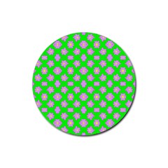 Modern Pink Flowers  On Green Rubber Round Coaster (4 Pack)  by BrightVibesDesign