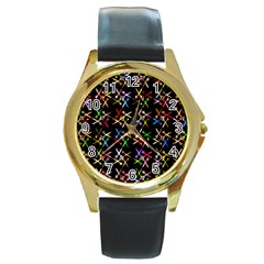 Scissors Pattern Colorful Prismatic Round Gold Metal Watch by HermanTelo