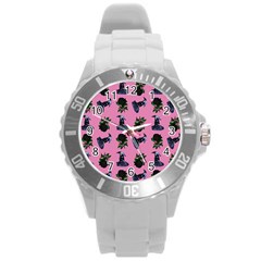 Gothic Girl Rose Light Pink Pattern Round Plastic Sport Watch (l) by snowwhitegirl