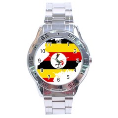 Uganda Flag Map Geography Outline Stainless Steel Analogue Watch by Sapixe