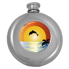 Ocean Sunset Dolphin Palm Tree Round Hip Flask (5 Oz)