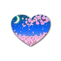 Sakura Cherry Blossom Night Moon Rubber Coaster (heart)  by Simbadda