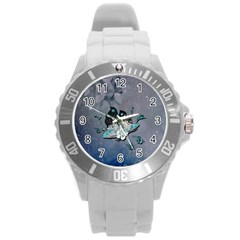Sport, Surfboard With Flowers And Fish Round Plastic Sport Watch (l) by FantasyWorld7