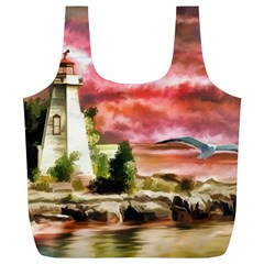 Lighthouse Ocean Sunset Seagulls Full Print Recycle Bag (xl) by Sudhe