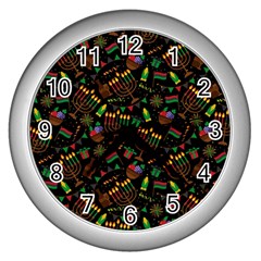 Seamless Pattern Kwanzaa With Traditional Colored Candles Wall Clock (silver) by Vaneshart
