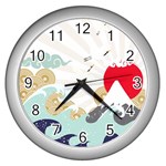 Mountain Sun Japanese Illustration Wall Clock (Silver) Front