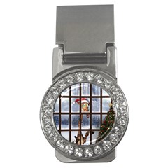 Funny Giraffe  With Christmas Hat Looks Through The Window Money Clips (cz)  by FantasyWorld7