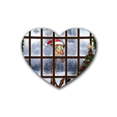 Funny Giraffe  With Christmas Hat Looks Through The Window Heart Coaster (4 Pack)  by FantasyWorld7