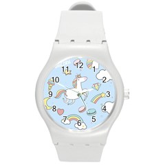 Unicorn Seamless Pattern Background Vector Round Plastic Sport Watch (m) by Sobalvarro