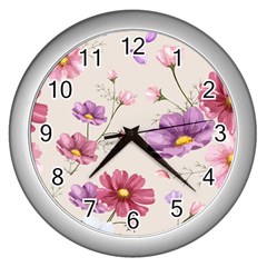 Vector Hand Drawn Cosmos Flower Pattern Wall Clock (silver) by Sobalvarro