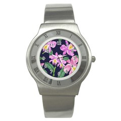 Vector Hand Drawn Orchid Flower Pattern Stainless Steel Watch by Sobalvarro