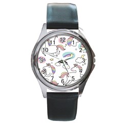 Cute Unicorns With Magical Elements Vector Round Metal Watch by Sobalvarro