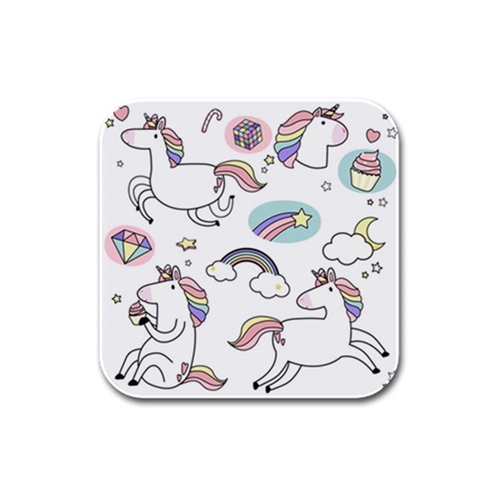 Cute Unicorns With Magical Elements Vector Rubber Square Coaster (4 pack) 