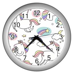 Cute Unicorns With Magical Elements Vector Wall Clock (silver) by Sobalvarro