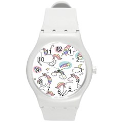 Cute Unicorns With Magical Elements Vector Round Plastic Sport Watch (m) by Sobalvarro