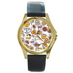 Honey Seamless Pattern Round Gold Metal Watch Front