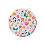 Flat Colorful Flowers Leaves Background Rubber Coaster (Round)  Front