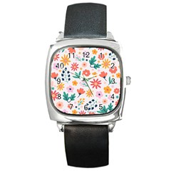 Flat Colorful Flowers Leaves Background Square Metal Watch by Vaneshart