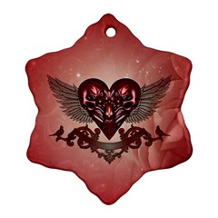 Awesome Heart With Skulls And Wings Snowflake Ornament (two Sides) by FantasyWorld7