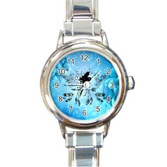 Piano With Feathers, Clef And Key Notes Round Italian Charm Watch by FantasyWorld7