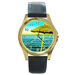 Pop Art Beach Umbrella  Round Gold Metal Watch by essentialimage