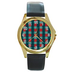 Pattern Texture Plaid Round Gold Metal Watch by Mariart