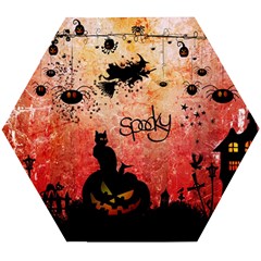 Funny Halloween Design, Cat, Pumpkin And Witch Wooden Puzzle Hexagon by FantasyWorld7