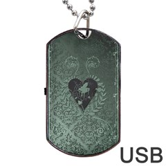 Elegant Heart With Piano And Clef On Damask Background Dog Tag Usb Flash (one Side) by FantasyWorld7