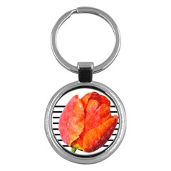 Tulip Watercolor Red And Black Stripes Key Chain (round) by picsaspassion