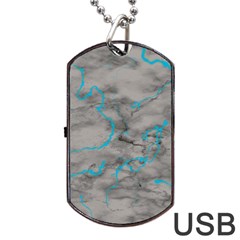 Marble Light Gray With Bright Cyan Blue Veins Texture Floor Background Retro Neon 80s Style Neon Colors Print Luxuous Real Marble Dog Tag Usb Flash (two Sides) by genx