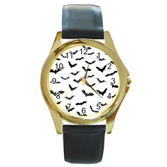 Bats Pattern Round Gold Metal Watch by Sobalvarro