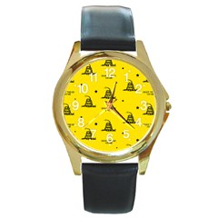 Gadsden Flag Don t Tread On Me Yellow And Black Pattern With American Stars Round Gold Metal Watch by snek