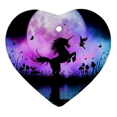 Wonderful Unicorn With Fairy In The Night Heart Ornament (two Sides) by FantasyWorld7