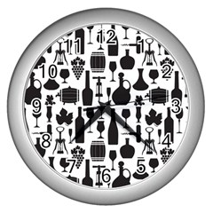 Wine Pattern Black White Wall Clock (silver) by Vaneshart