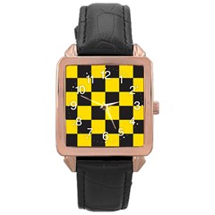 Checkerboard Pattern Black And Yellow Ancap Libertarian Rose Gold Leather Watch  by snek