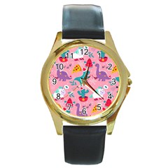 Colorful Funny Christmas Pattern Ho Ho Ho Round Gold Metal Watch by Vaneshart